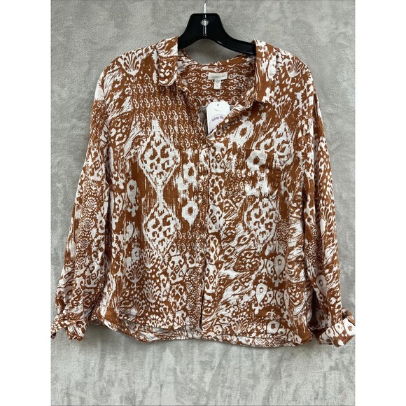 Garnet Hill Linen Top Women's 18 Ikat‎ Burnt Mustard Gold Button Up Collared - Picture 1 of 7